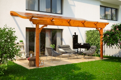 Terrassenüberdachung Verona 541 x 389 cm, Leimholz, natur + 4 Lasuren nach Wahl