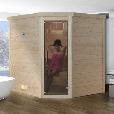 Weka Premium Massivholzsauna Turku 1 Sparset 1 inkl. 7,5 kW Ofen und Leuchtenset - 45 mm