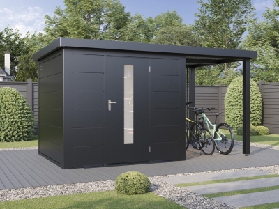 Finnhaus Wolff Metall-Gartenhaus Thorin 3924 + 1,5m Anbaudach - Elementhaus - Geräteschuppen - Flachdach - anthrazit