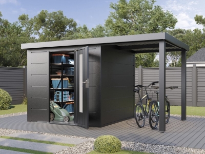 Finnhaus Wolff Metall-Gartenhaus Thorin 3924 + 1,5m Anbaudach - Elementhaus - Geräteschuppen - Flachdach - anthrazit
