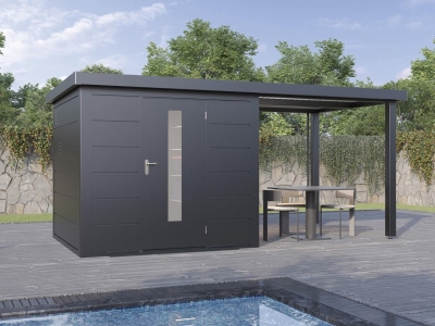 Finnhaus Wolff Metall-Gartenhaus Thorin 4824 + 2,4m Anbaudach - Elementhaus - Geräteschuppen - Flachdach - anthrazit