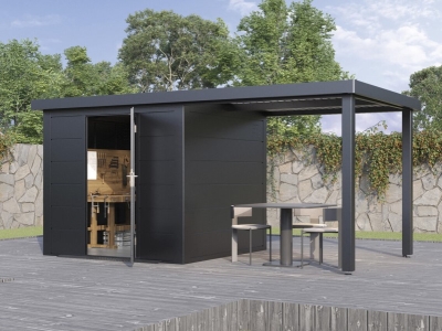 Finnhaus Wolff Metall-Gartenhaus Thorin 4824 + 2,4m Anbaudach - Elementhaus - Geräteschuppen - Flachdach - anthrazit