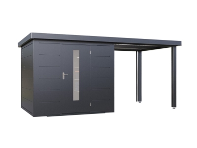 Finnhaus Wolff Metall-Gartenhaus Thorin 4824 + 2,4m Anbaudach - Elementhaus - Geräteschuppen - Flachdach - anthrazit