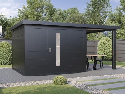 Finnhaus Wolff Metall-Gartenhaus Thorin 5424 + 2,4m Anbaudach - Elementhaus - Geräteschuppen - Flachdach - anthrazit