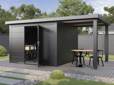 Finnhaus Wolff Metall-Gartenhaus Thorin 5424 + 2,4m Anbaudach - Elementhaus - Geräteschuppen - Flachdach - anthrazit