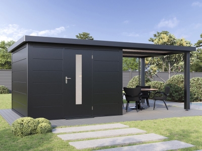 Finnhaus Wolff Metall-Gartenhaus Thorin 6030 + 3m Anbaudach - Elementhaus - Geräteschuppen - Flachdach - anthrazit